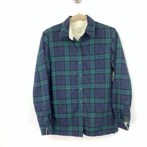 LL Bean Women Size XS Shirt Button Down‎ Top Green Blue Flannel Sherpa Lined